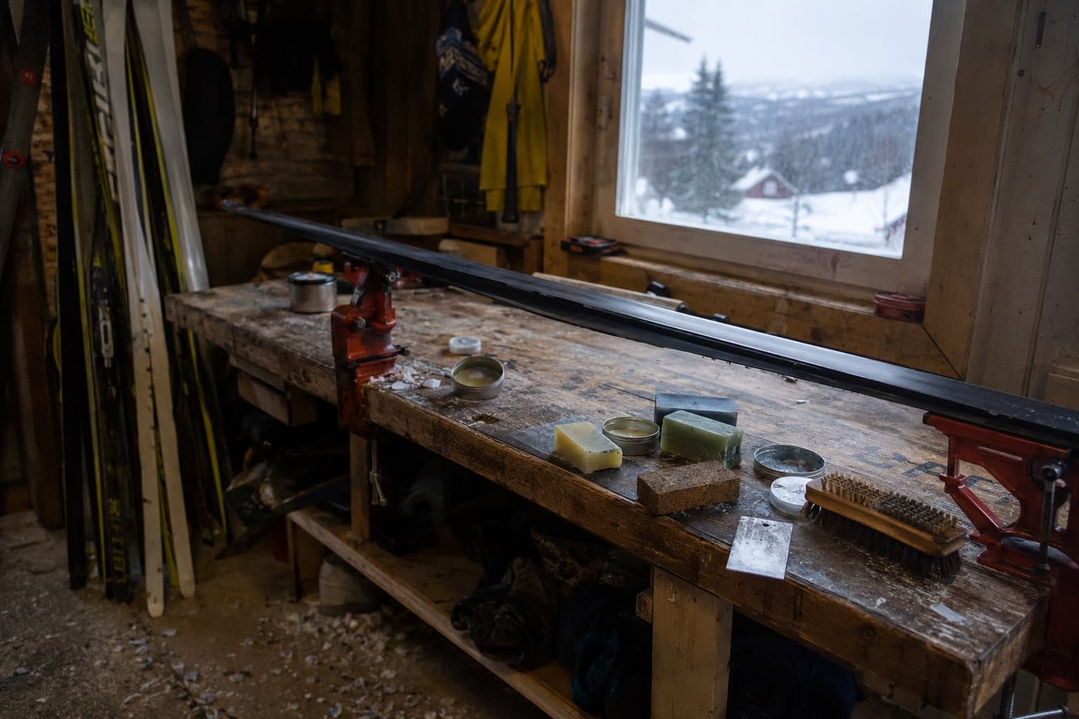 Vallabänk med skida i profiler, vallor, kork och borste framför ett fönster mot vinterlandskap