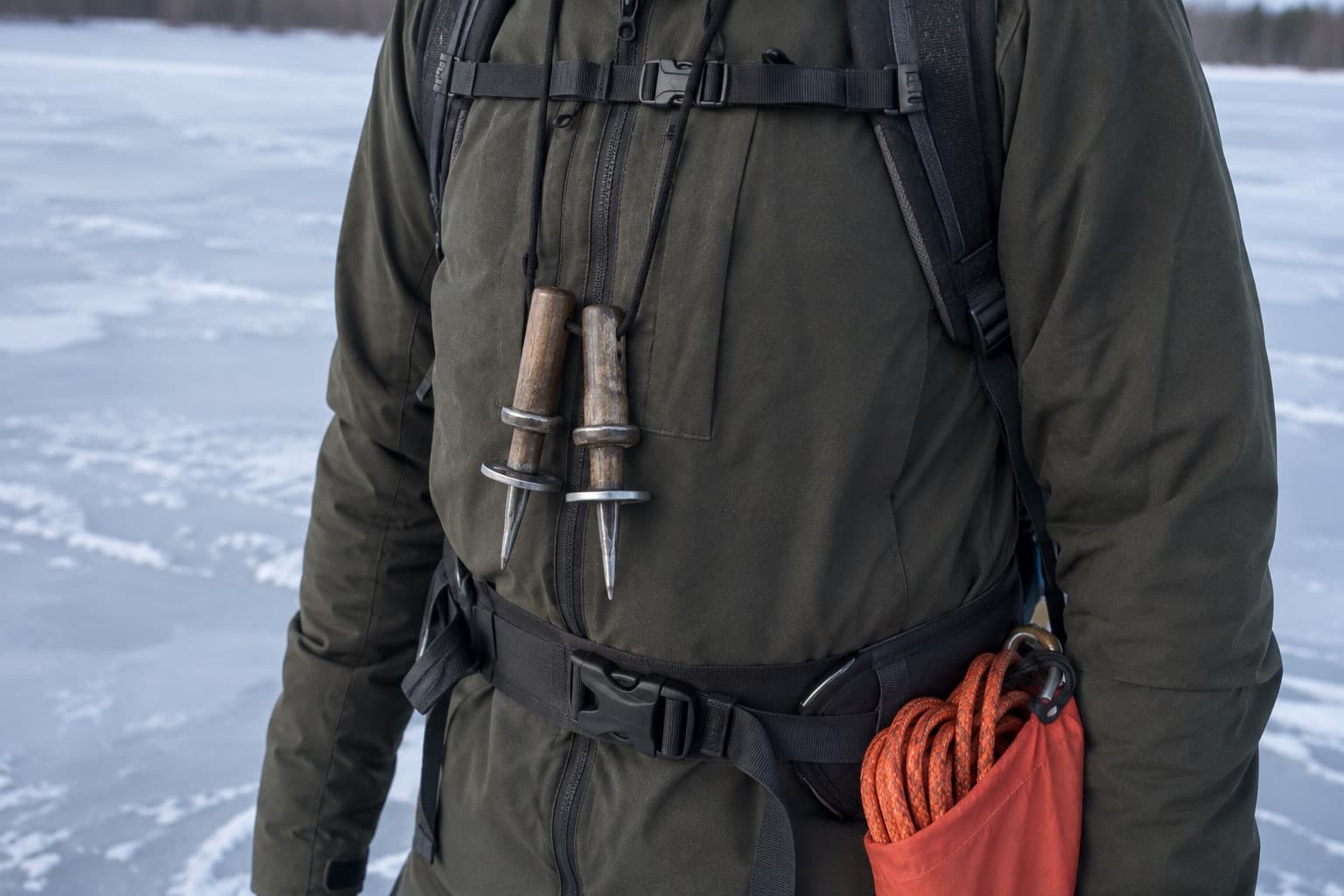 Isdubbar burna runt halsen och kastlina i höftbältet på en skridskoåkare