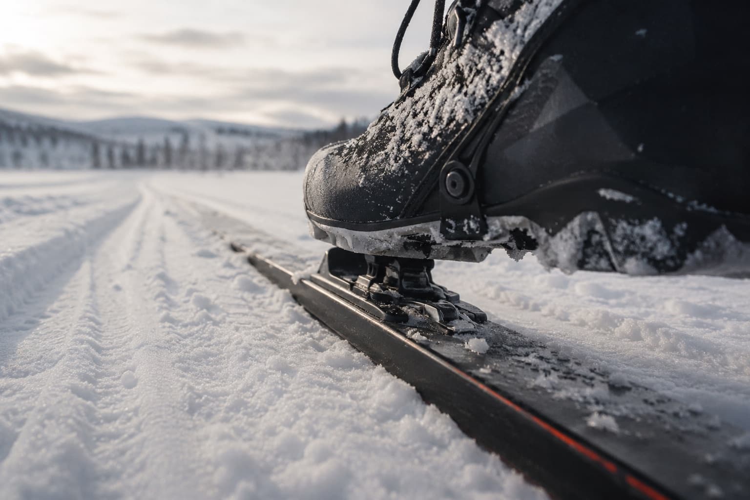 Längdpjäxa kliver i bindningen på en klassisk skida i spåret