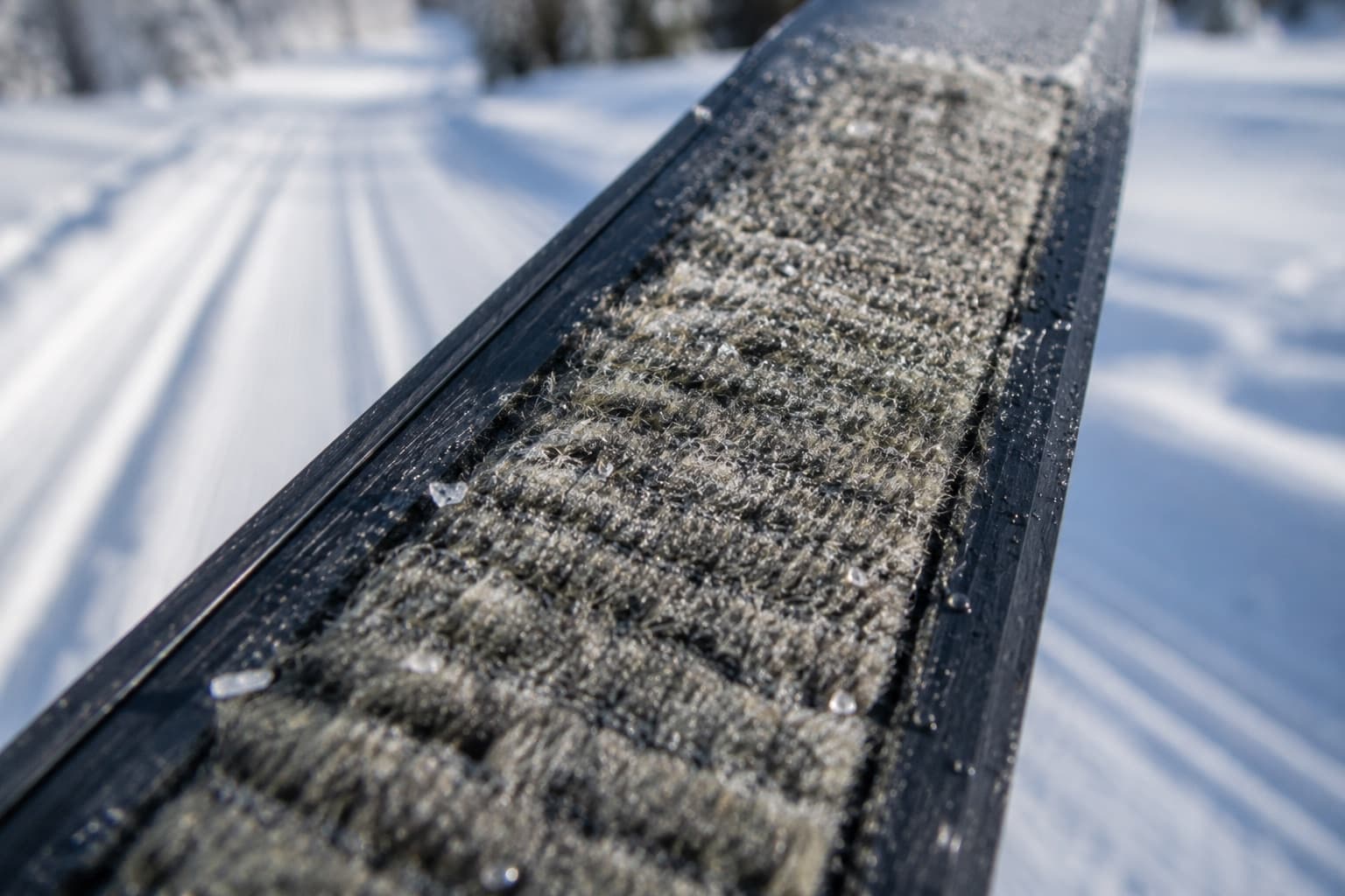 Närbild på fästzonen med mohairskins på en vallningsfri längdskida