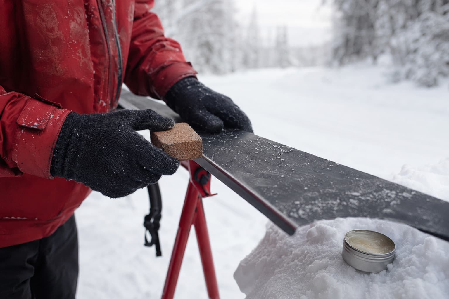 Händer korkar ut fästvalla på en längdskida utomhus vid spåret